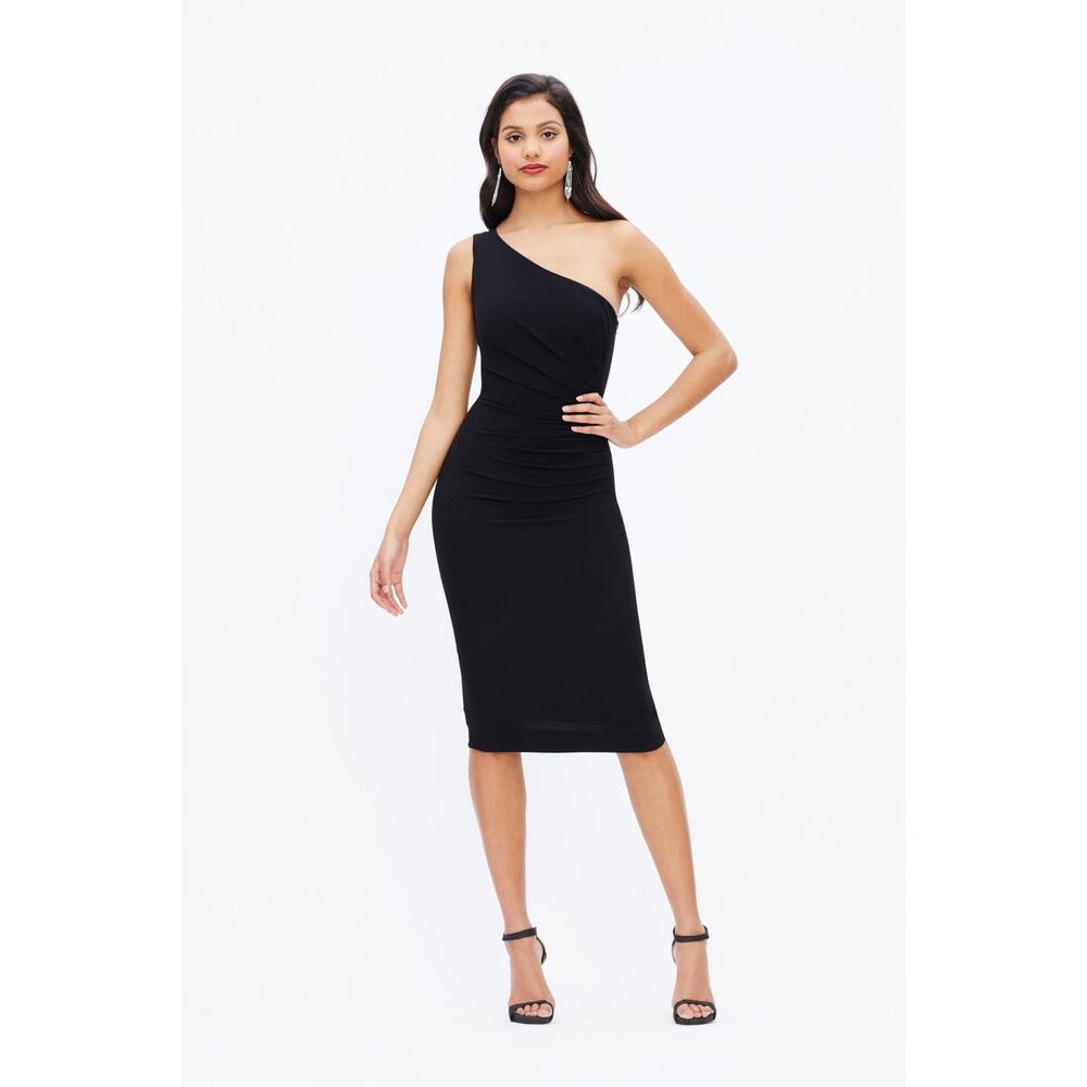 Dress the Population Martine Black One Shoulder Midi‎ Dress Size S